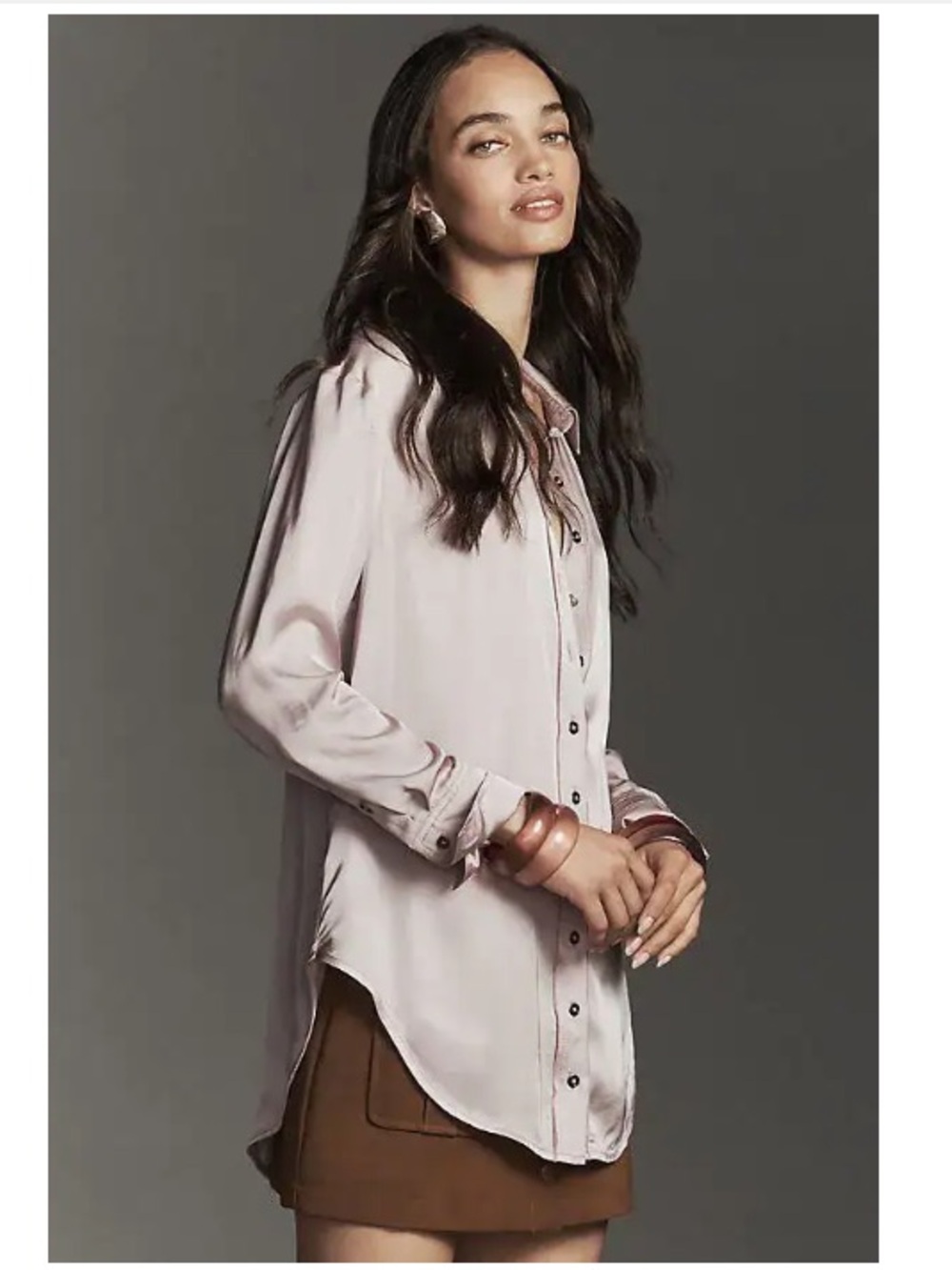 Pilcro Longline Silky Button-Down Shirt in Grey Small